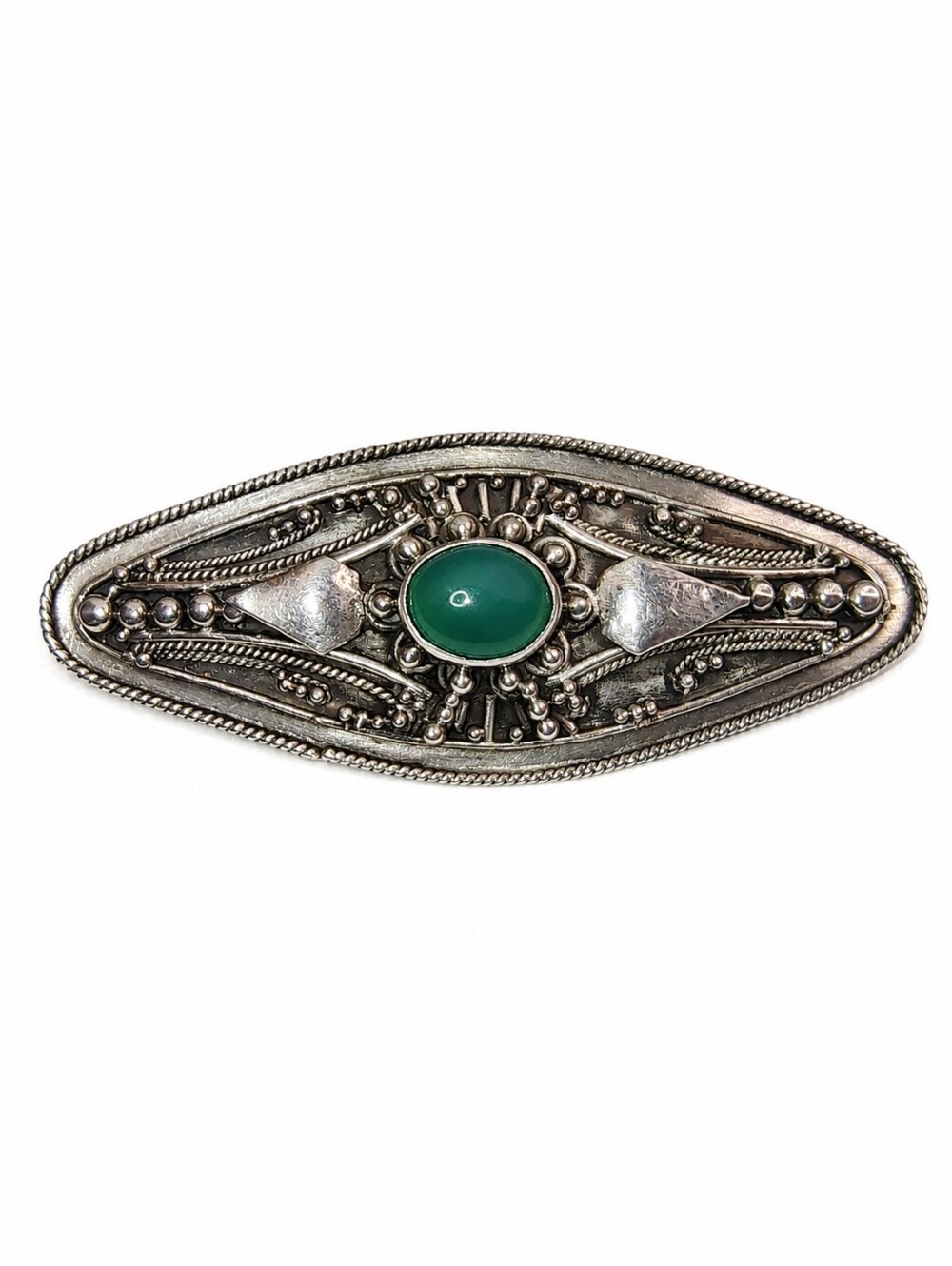 Vintage Sterling Silver‎ Green Cabochon Brooch – Tested Sterling – 6 Grams